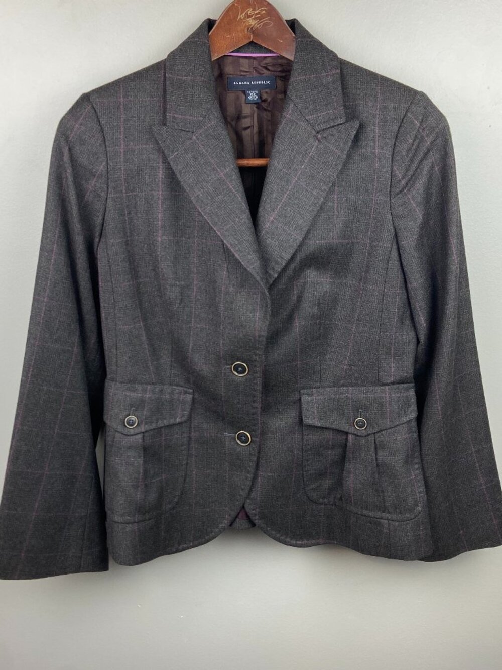 Banana Republic Grey & Purple Plaid Blazer 100% Wool Size 10 Petite Office Work